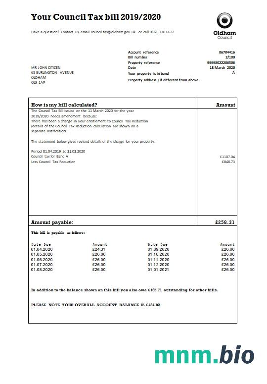Wielka Brytania Oldham council tax bill szablon w formacie Word i PDF